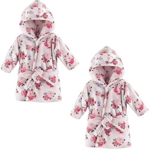 Luvable Friends Unisex Baby Plush Bathrobe, Floral 2-Piece, 0-9M