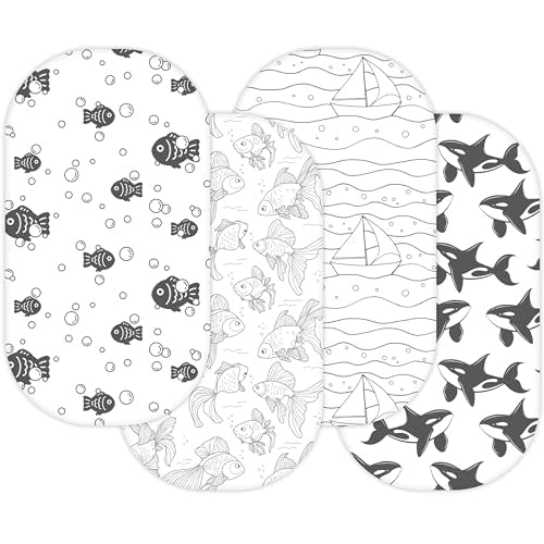 Bassinet Sheets for Dream On Me Karley, Lacy, Poppy, Chicco LullaGlide, Ingenuity Foldaway Rocking, Safety 1st Nap and Go, 3 Pack, 33 x 17, Ultra Soft, Unisex Boys Girls, Gray (Ocean Fish)