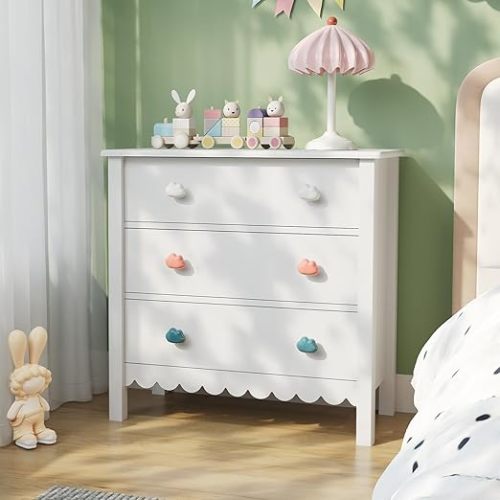 3 Drawer Dresser, Small White Dresser for Bedroom, Wooden Chest of Drawers, Cute Scalloped Nightstand for Bedroom, Hallway, Living Room