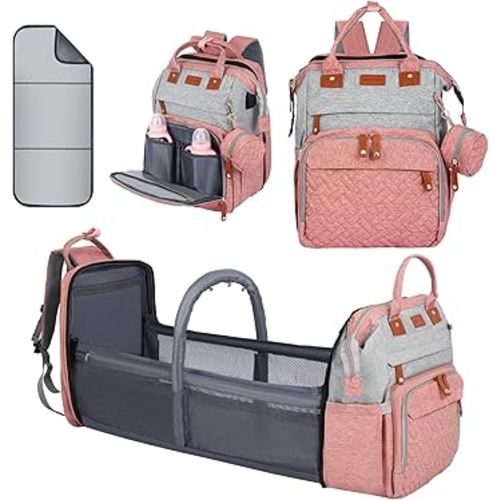Diaper Bag Backpack, Baby Diaper Bag, Multifunctional Large Capacity, with Diaper Changing Station, Travel Diaper Bag Backpack (Pinkish Gray)