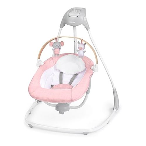 Ingenuity SimpleComfort Compact Baby Swing, Rotating Seat Swings in 3 Directions, 6 Speeds, 8 Melodies & 3 Nature Sounds, Ages 0-9 Months, Up to 20 Pounds - Pink