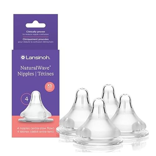 Lansinoh NaturalWave Baby Bottle Nipples, Extra Slow Flow, Size XS, 0+ Months, 4 Count – 100% Soft, Durable Silicone, Made Without BPA BPS, Anti-Colic, Supports Baby’s Developing Mouth and Teeth