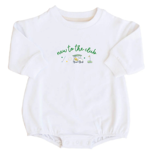 New To The Club Graphic Sweatshirt Bubble Romper | White