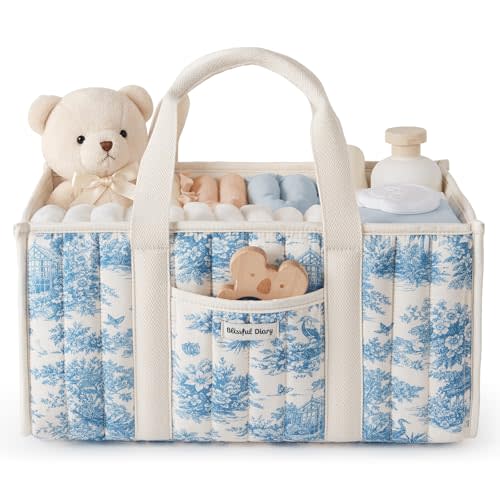 Blissful Diary Toile Diaper Caddy Organizer, Baby Diaper Basket, Blue Toile | French Vintage Toile Nursery Storage Basket, Gift for Baby Shower, Newborn Boy & Girl Essentials, Registry Search Must Haves