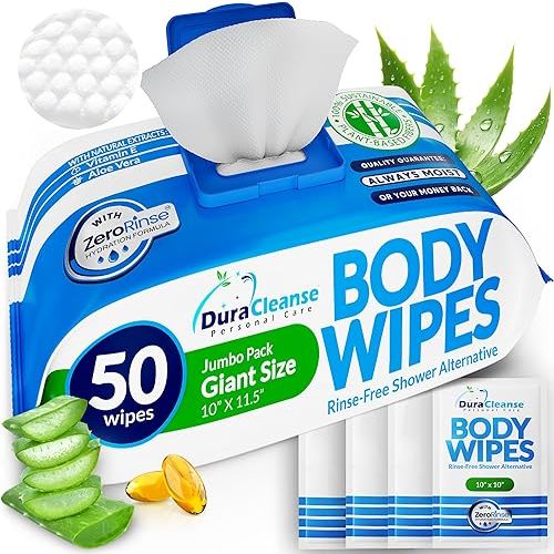 XL Body Wipes for Adults Bathing – 50 Ct + 4 Travel Shower Wipes 10 x 11.5" Thick Cleansing No Rinse Bath Wash Sheets for Elderly, Incontinence, Men & Women, Camping Essentials Disposable Washcloths