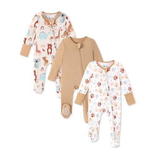 PATPAT 3 Pack Bamboo Viscose Baby Footed Pajamas with Anti-Grips, NB-2T | Fold-Over Mittens, 2-Way Zipper, Super Soft Fiber, Stretchy and Breathable