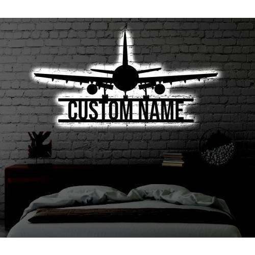 Personalized LED Airplane Metal Sign | Light up Wall Art Plane Gift | Metal Wall Art Air Plane | Wedding Gift | Neon Metal LED Monogram Sign
