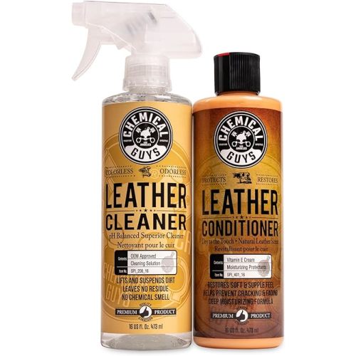 Chemical Guys Leather Cleaner and Conditioner Kit - Car Cleaner and Conditioner, Safely Cleans & Conditions Leather Car Interiors, Furniture, Shoes, Boots, Bags, Apparel & More, 2 Bottles (16 oz Each)