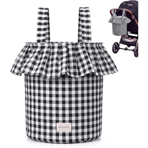 Abbylike Ruffle Stroller Bag with Removable Handles, Cotton Stroller Organizer with Waterproof Lined for Moms Baby Travel(Ruffles Style,15.5 x 9.5 Inch,Black Checkered)