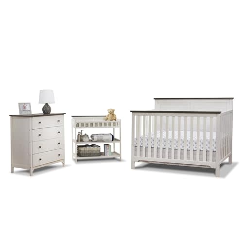 Sorelle Furniture Farmhouse 3-Piece Nursery Set with 4-in-1 Convertible Crib, 4-Drawer Dresser, and Changing Table with Shelves, Baby Furniture Made of Wood, Non-Toxic Finish-Chocolate and White