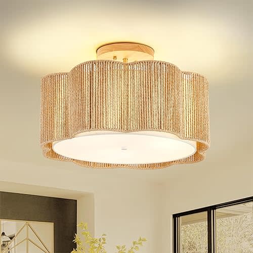 18 Inch Rattan Flush Mount Ceiling Light Fixtures 3-Light Boho Light Fixtures for Bedroom,Close to Ceiling Light Modern for Hallway Kitchen Entryway Dining Room
