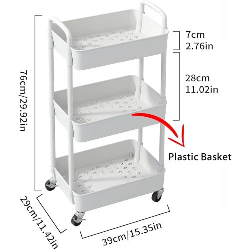 Sywhitta 3-Tier Plastic Rolling Utility Cart with Handle, Multi-Functional Storage Trolley for Office, Living Room, Kitchen, Movable Storage Organizer with Wheels, White