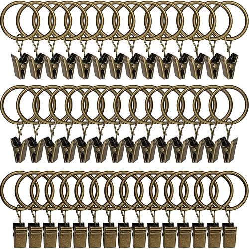 44 Pack Bronze Curtain Rings with Clips, Curtain Hooks Hangers Clip Rings for Hanging Drapes Bows Hat, Drapery Rings 1 in I D, Fits up to 5/8 in Diameter Curtain Rod.