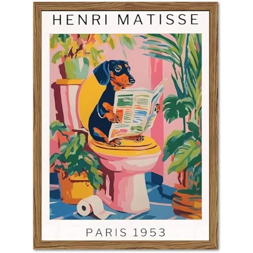 Funny Dachshund Bathroom Wall Art Henri Matisse Dog Bathroom Wall Decor Picture, Cute Puppy Animal Reading Newspaper in Toilet Poster Painting Canvas Print 12x16 inch Wood Framed