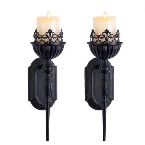 Gothic Wall Sconce Candle Holder (Set of 2) Black Crown and Scepter Design Wall-Mount Metal Candle Holders Hanging Iron Wall Candle Sconce Holder for Living Room, Bathroom, Dining Room