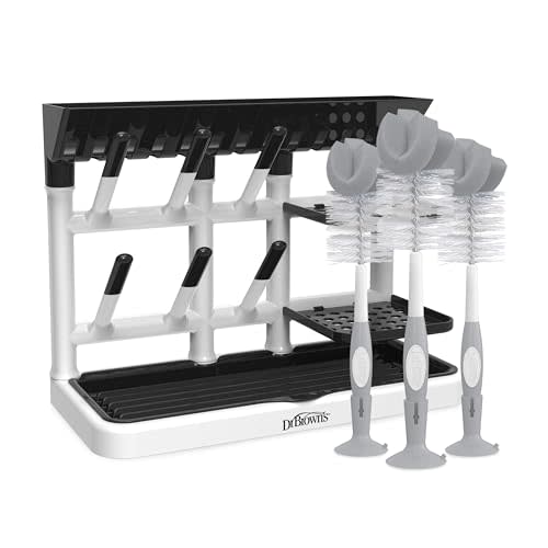Dr. Brown's Baby Bottle Drying Tower, Stand-Up Drying Rack with Reusable Sponge Baby Bottle Cleaning Brush Set, 3-Pack, Grey