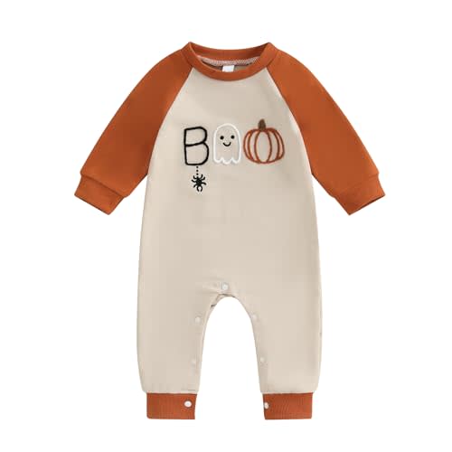 Lukivech Newborn Infant Baby Boy Girl Halloween Outfit Boo Embroidery Romper Long Sleeve Jumpsuit Bodysuit Cute Fall Clothes