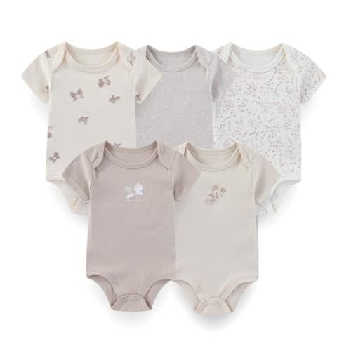 HONEYDANCE 5 Pack Unisex Baby Boy Girl Rompers Cotton Infant Bodysuits | unisex short sleeve,100%cotton,soft & breathable,envelope neckline,bottom snap closure,easy diaper changes, everyday wear