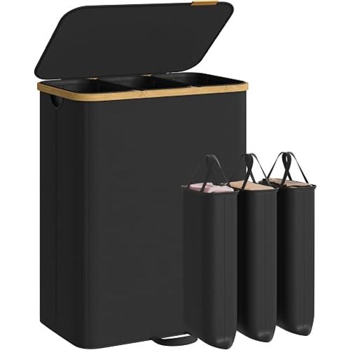 SONGMICS Laundry Hamper, Laundry Sorter with Lid, Storage Basket Bin, Removable Liners, Bamboo Frame, for Bedroom, 3 Sections, 44.9 Gal. (170 L), Ink Black ULCB533BH01