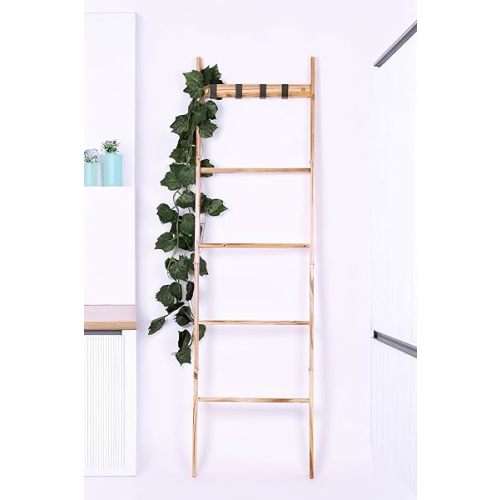 Wood Blanket Ladder, 5-Tier Decorative Quilt Holder, Wall-Leaning Towel Rack for Living Room & Bedroom, Rustic Farmhouse Blanket Display Shelf for Bathroom & Home Décor