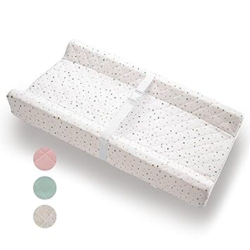 Organic Cotton Contoured Baby Changing Pad w/Waterproof Foam Mattress, Includes Soft, Removable & Washable Cover, Safety Strap, Non-Slip Bottom, Topper for Standard Size Infant Diaper Table & Dresser