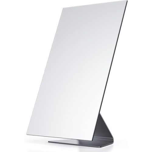 NEZZOE Rectangular Free-Standing Makeup Mirror, Frameless 1X Vanity Mirror with Adjustable Tilt, Metal Base, for Desk, Bathroom Countertop or Windowsill, 12 x 7 Inches