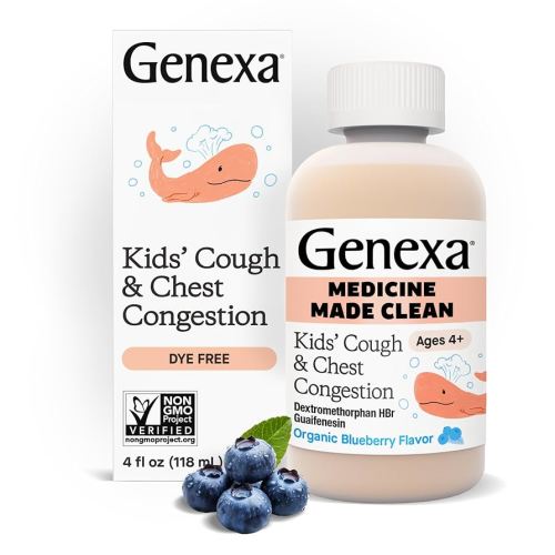 Genexa Kids’ Clean Cough & Chest Congestion Medicine, Dye Free, 0% Artificial Additives, Multi-Symptom Cough Syrup for Kids 4-11, Cough Suppressant & Expectorant, Organic Blueberry Flavor, 4 fl oz