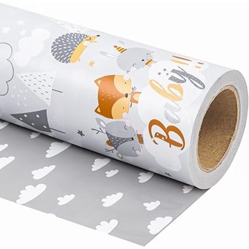 WRAPAHOLIC 30 Inch Reversible Baby Shower Wrapping Paper - 30 Inch x 33 Feet - Grey Animal Design Neutral Baby Shower, Boys Girls Kids Birthday