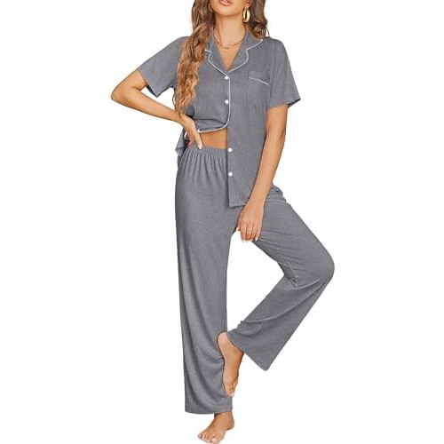 Ekouaer Womens Pajama Sets Button Down Pjs Lounge Sets 2 Piece Short Sleeve Sleepwear Soft Comfy Loungewear