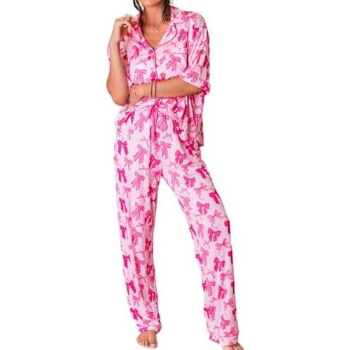 KevaMolly Womens Valentine's Day Pajama Sets Bow Knot Print Lapel Collar Short Sleeve and Pants Pajamas Set