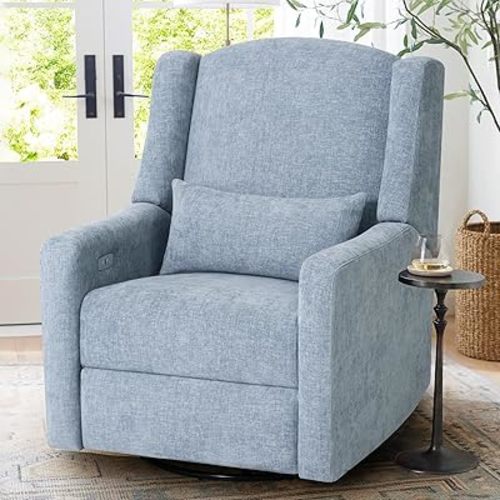 Power Recliner Chair Swivel Glider, Large Rocker Recliner w/USB Charging Port, Chenille Upholstered Nursery Glider for Nursery,Bedroom,Living Room,1PC,Blue