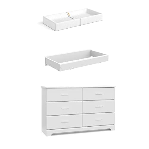 Storkcraft Brookside 6 Drawer Dresser with Changing Topper and Pad, White | GREENGUARD Gold Certified, White Dresser for Bedroom, Nursery Storage Chest, Changing Station, Safety Interlocking Drawers