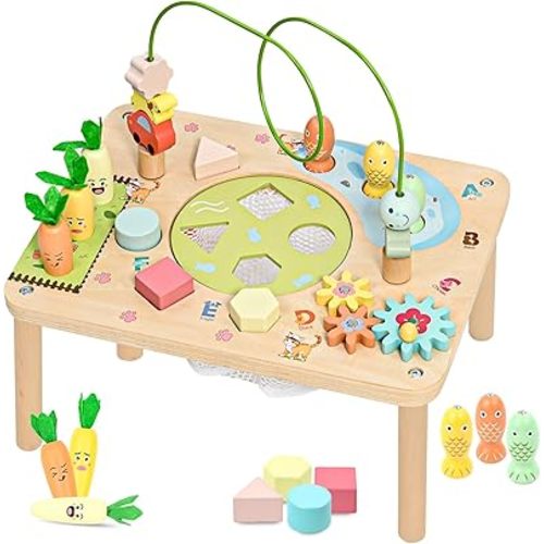 wingyz Activity Table, 6 in 1 Wooden Montessori Activity Center with Bead Maze Shape Sorter Fishing Game, Kids Sensory Play Table Toddler Toys 1st Birthday Gifts Boy Girl(Morandi-Square)