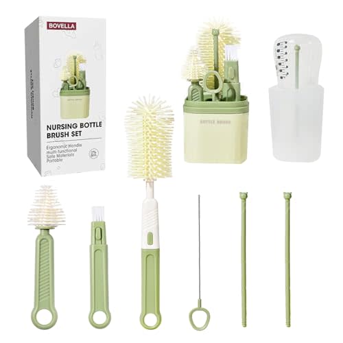 BOVELLA Baby Bottle Brush Set-Travel Bottle Cleaner Kit with Silicone Brush,Drying Rack,Nipple Brush,Straw Brush,Bottle Mouth Brush,Storage Box-6 in 1 Portable Bottle Washing Kit for Home and Travel