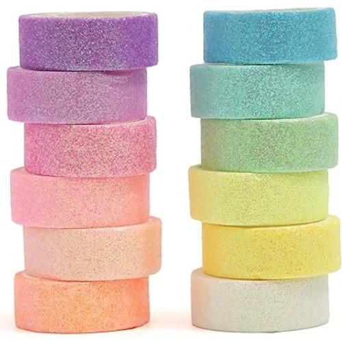 Glitter Washi Tape Set 12 Rolls Sparkling Foil Decorative Sprinkle Colored Masking Tapes for Arts, DIY Crafts, Journals, Planners, Scrapbook, Wrapping (12 Colors)