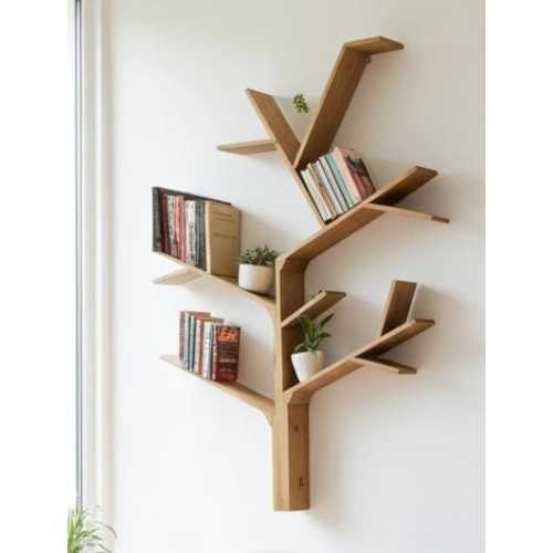 Tree Shaped Bookcase – Solid Wood Bookshelf 150x100 cm – Handmade Wall Shelf, Natural Color, Customizable for Nursery or Kids Room