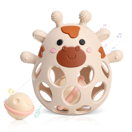 2-in-1 Baby Teething Rattle Toys, Easy Grasp Silicone Teethers for Babies 3-6 6-12 Months, Teething Relief & Developmental, Perfect Baby Sensory Chew Toys for Newborns Infants