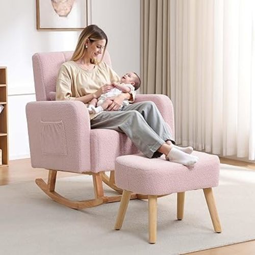 Rocking Chair with Ottoman, Upholstered Nursing Glider Rocker with High Backrest and Side Pocket, Comfy Reading Chair with Solid Wood Legs for Nursery/Living Room/Bedroom Pink