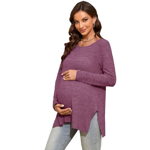 Smallshow Women's Maternity Shirts Side Split Long Sleeve Pregnancy Tops Clothes