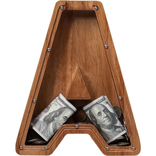 ladenk 12 Inch Extra Large Wooden Kids Letter Piggy Bank - Piggy Bank for Boys Girls - Initial A Bank - Alphabet Money Bank for Birthday