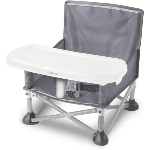 Summer by Bright Starts Pop 'N Sit Portable Booster Chair, Floor Seat, Indoor/Outdoor Use, Compact Fold, Grey, 6 Mos - 3 Yrs