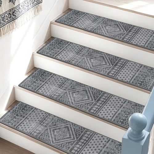 JSEI Stair Treads, 15 Pack 8" X 30", Light Grey/Charcoal Black