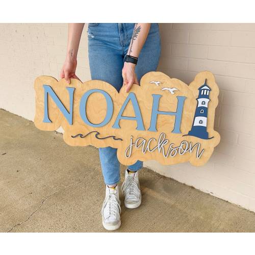 Nautical name sign, large wood name sign, nursery name sign, lighthouse nursery, above crib cut out, layered baby name sign, cut out sign