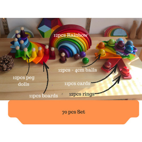 Wooden Rainbow Stacker | Grimms Style Rainbow | Montessori Wooden Toy | 70 pcs
