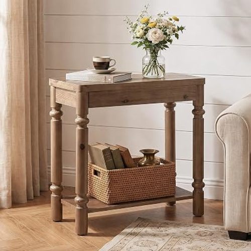 LITTLE TREE 2-Tier End Table, Farmhouse Side Table with Storage Shelves