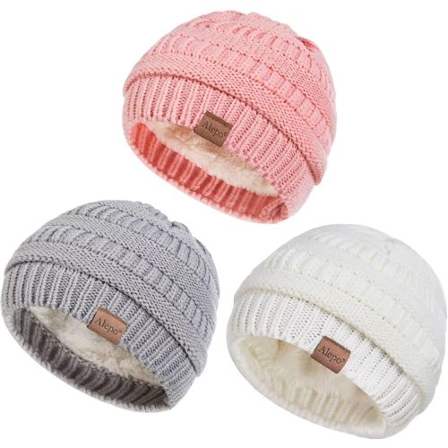 Alepo 3 Pack Baby Beanie Hats for Girls Boys, Soft Warm Fleece Lined Baby Winter Hat for Newborn Infant Toddler Kids