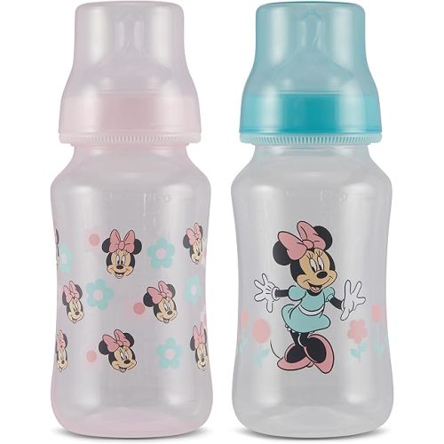 Disney Minnie Mouse Baby Bottles 11 oz for Boys or Girls | 2 Pack of Infant Hourglass Shaped Bottles with Cover for Newborns and All Babies | BPA-Free Plastic Baby Bottle for Baby Shower