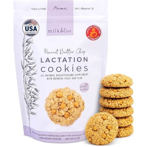 MilkBliss Peanut Butter Chip Soft Baked Lactation Cookies for Breastfeeding, All Natural and GMO Free Lactation Boosting Ingredients! Oats, Flaxseed, Brewers Yeast. 12 Count