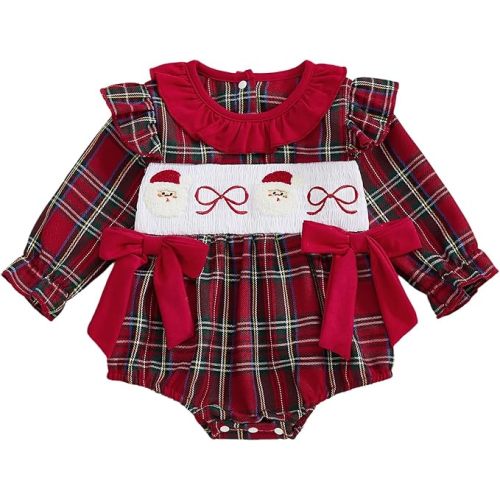 Engofs Baby Girl Halloween Outfit Long Sleeve Pumpkin Smocked Plaid Romper Fall Winter Clothes
