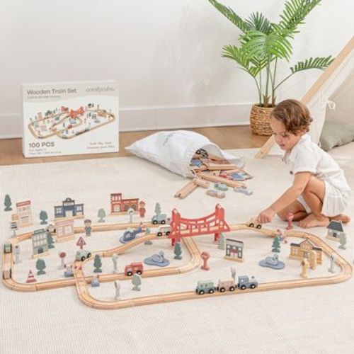 Comfy Cubs 100-Piece Wooden Train Set for Ages 1+, Toddler Train Set with Wooden Toy Tracks